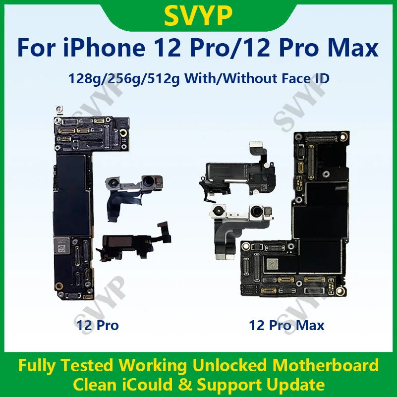 Fully tested authentic motherboard for iPhone 12 Pro Max 128g / 256g unlocked mainboard with iCloud Clear Face ID. Fast Shipping.