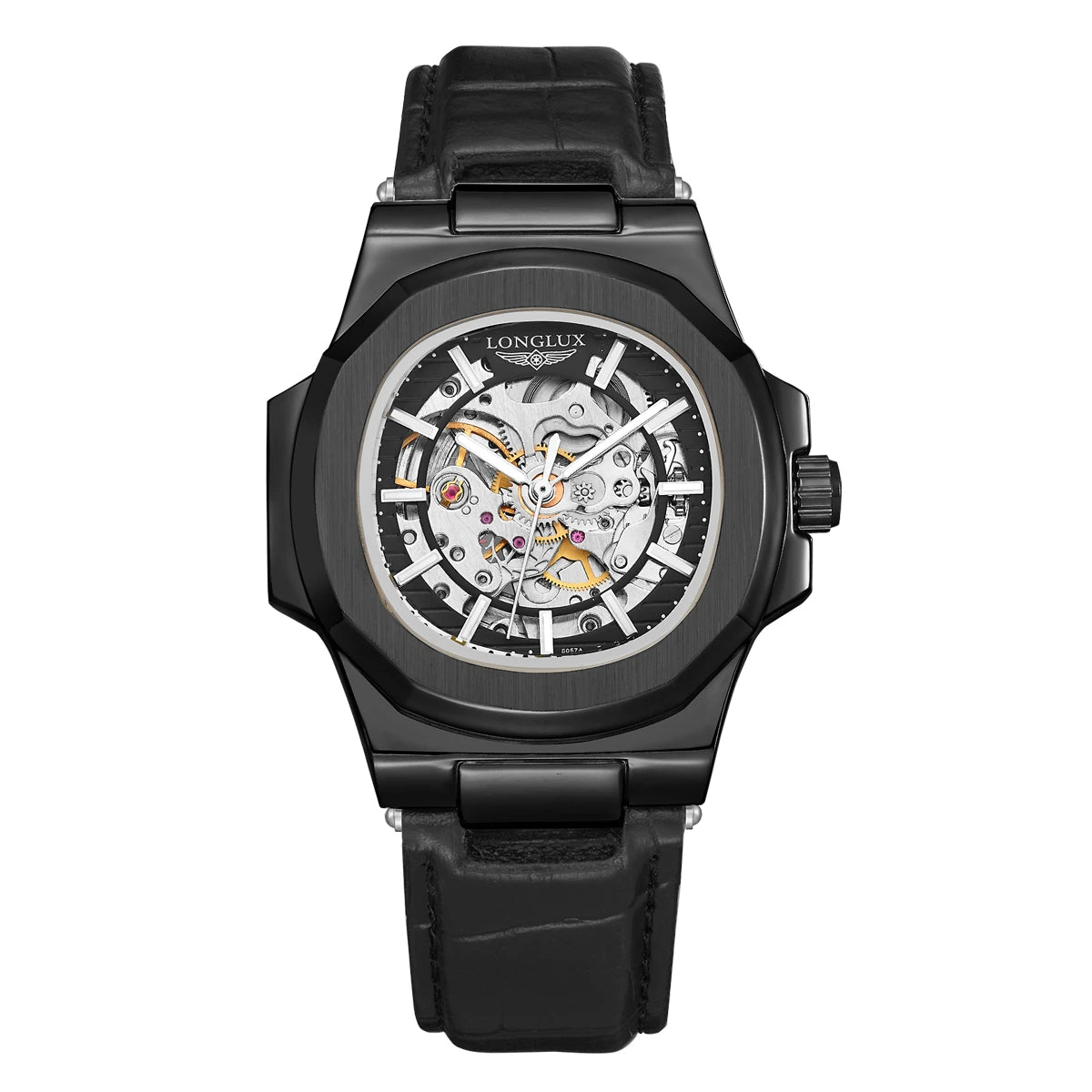 LONGLUX automatic mechanical watch outdoors simple luxury watches waterproof cheap wholesale skeleton leather mens watch gift