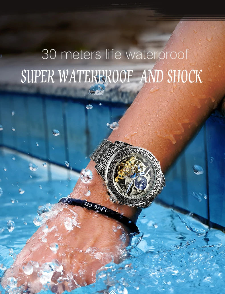 Forsining Luxury Transparent Skeleton Automatic Mechanical Wristwatch Stainless Steel Moonphase Watch Mens Clock reloj hombre