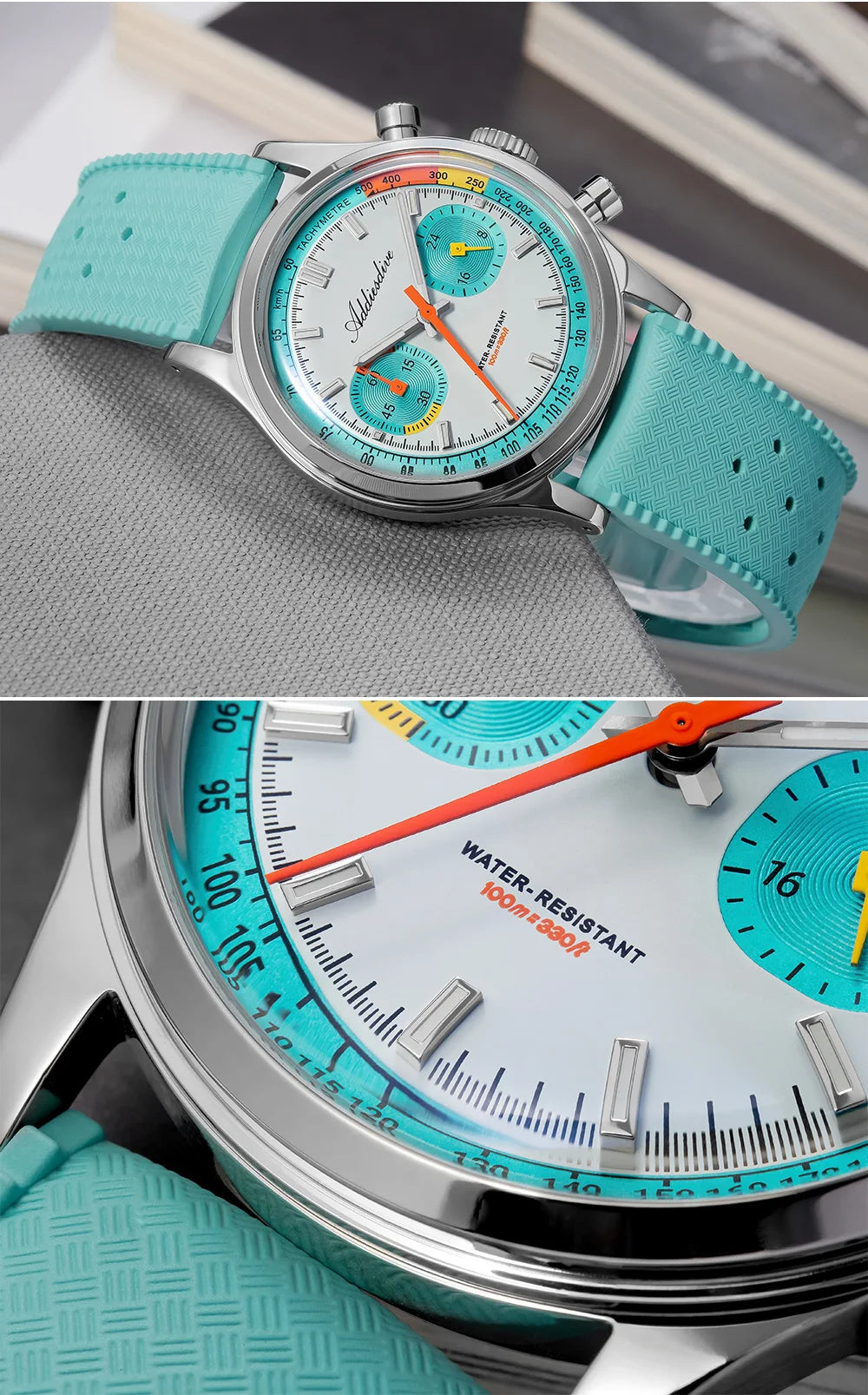 ADDIESDIVE New Men Watch 38mm VK64 Chronograph Fluororubber Luxury Domed Glass BGW9 Luminous 100m Waterproof Quartz Wristwatch