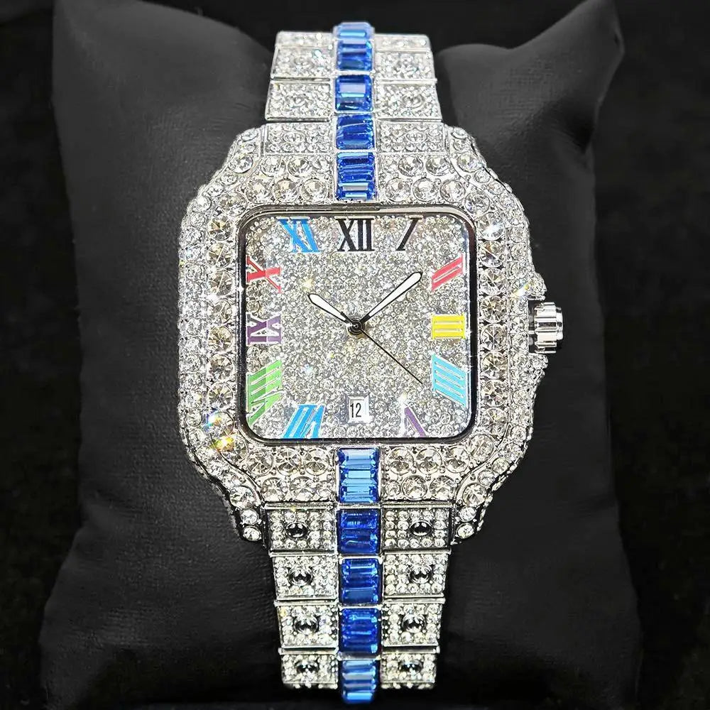 Hot Sale Blue Iced Watch For Man Fashion Colorful Roman Literal Quartz Watch Hip Hop Diamond Jewelry Square Wrist Watch Men Gift