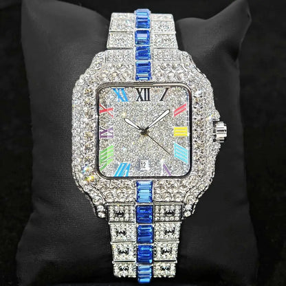 Hot Sale Blue Iced Watch For Man Fashion Colorful Roman Literal Quartz Watch Hip Hop Diamond Jewelry Square Wrist Watch Men Gift