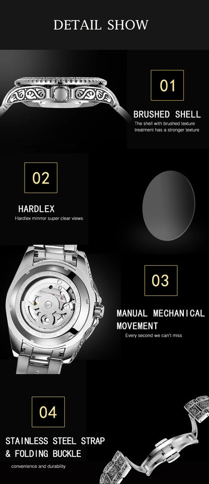 Forsining Luxury Transparent Skeleton Automatic Mechanical Wristwatch Stainless Steel Moonphase Watch Mens Clock reloj hombre