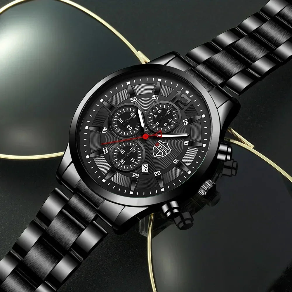 4-Piece Classic Black Men's Quartz Watch Set. Suitable for everyday wear.