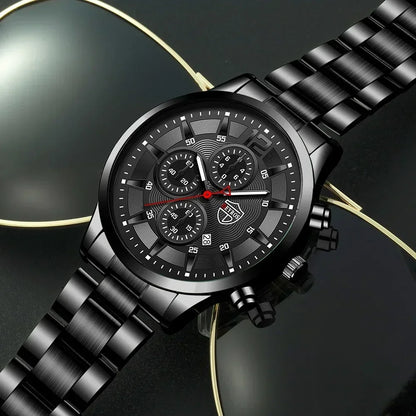 4-Piece Classic Black Men's Quartz Watch Set. Suitable for everyday wear.