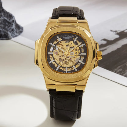 LONGLUX automatic mechanical watch outdoors simple luxury watches waterproof cheap wholesale skeleton leather mens watch gift