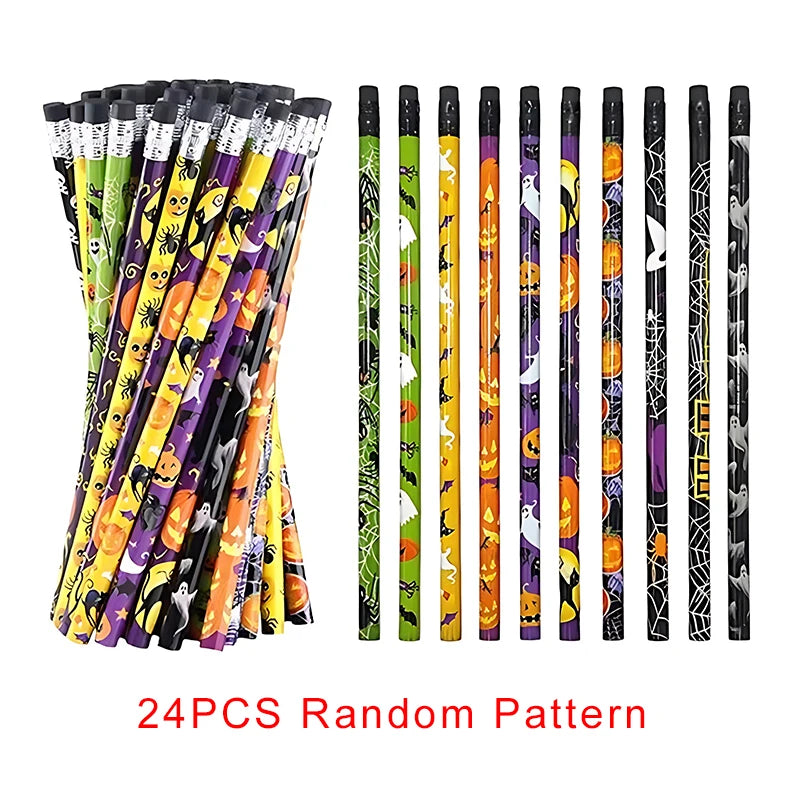 12-36 pcs Halloween Style Pencils Random Design HB Pencil Cartoon Eraser Halloween Themed Stationery Students Gift Boys Girls ZYF