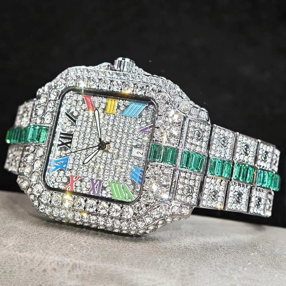 Hot Sale Blue Iced Watch For Man Fashion Colorful Roman Literal Quartz Watch Hip Hop Diamond Jewelry Square Wrist Watch Men Gift