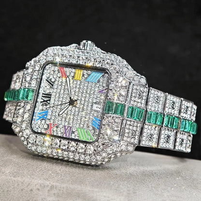 Hot Sale Blue Iced Watch For Man Fashion Colorful Roman Literal Quartz Watch Hip Hop Diamond Jewelry Square Wrist Watch Men Gift