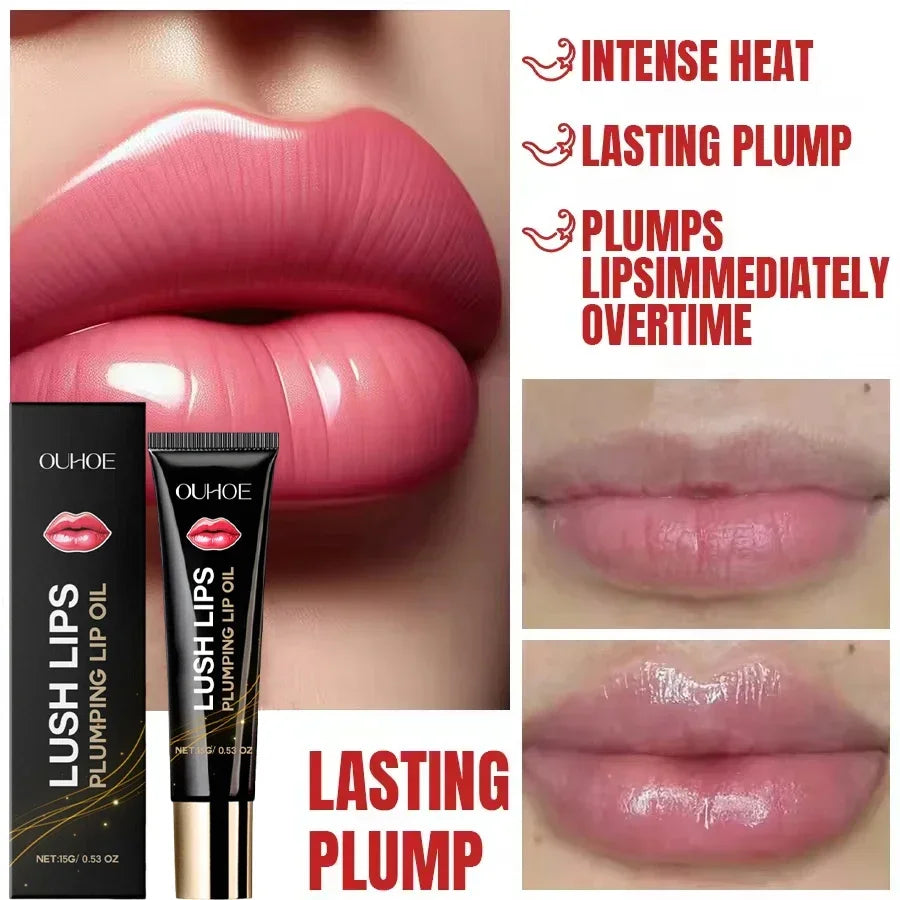 Lip plumper oil, instant volumizer, increases lip elasticity, long-lasting hydration, lip gloss, sexy beauty makeup.