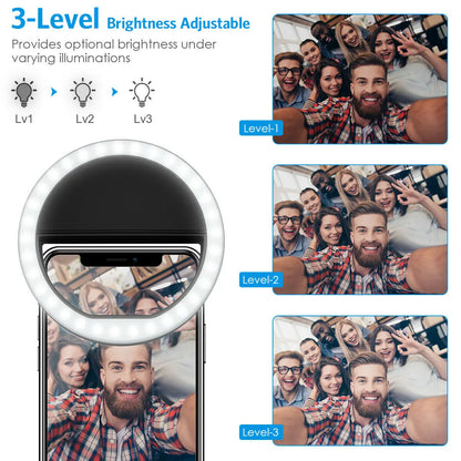 USB Charging LED Selfie Ring Light Lens for Mobile Phones, LED Selfie Ring Lamp for iPhone, Samsung, Xiaomi, Huawei Phone Selfie Light