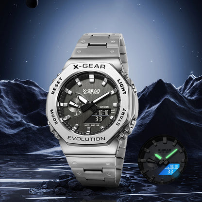 X-GEAR Digital Sports Electronic Unisex Watch Dual Display Full Function LED Alloy Large Time Steel Strap