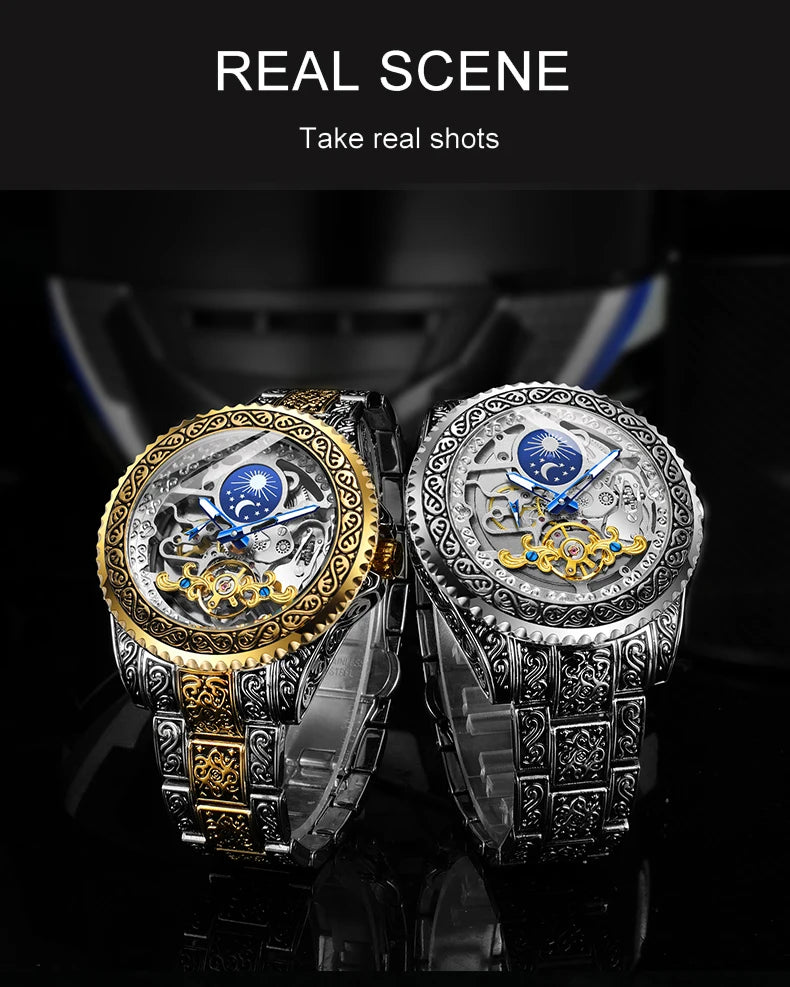 Forsining Luxury Transparent Skeleton Automatic Mechanical Wristwatch Stainless Steel Moonphase Watch Mens Clock reloj hombre