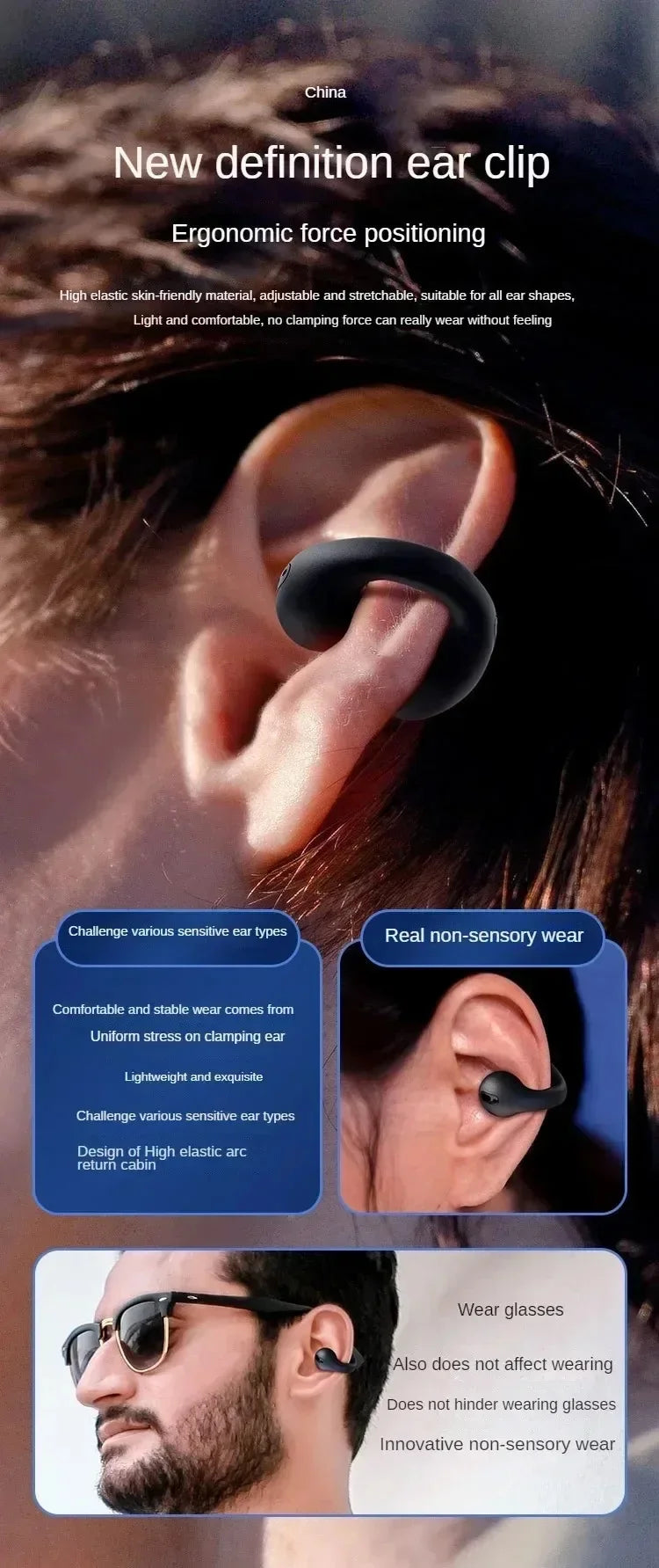 Bluetooth Earphone 5.3 Wireless Bone Conduction Headphones Clip Ear Music Noise Canceling HD Call Sports Gaming Earphone