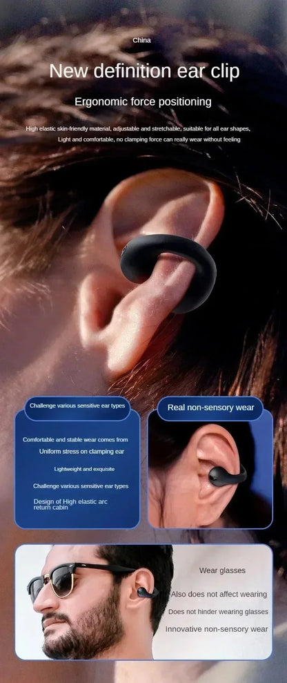 Bluetooth Earphone 5.3 Wireless Bone Conduction Headphones Clip Ear Music Noise Canceling HD Call Sports Gaming Earphone