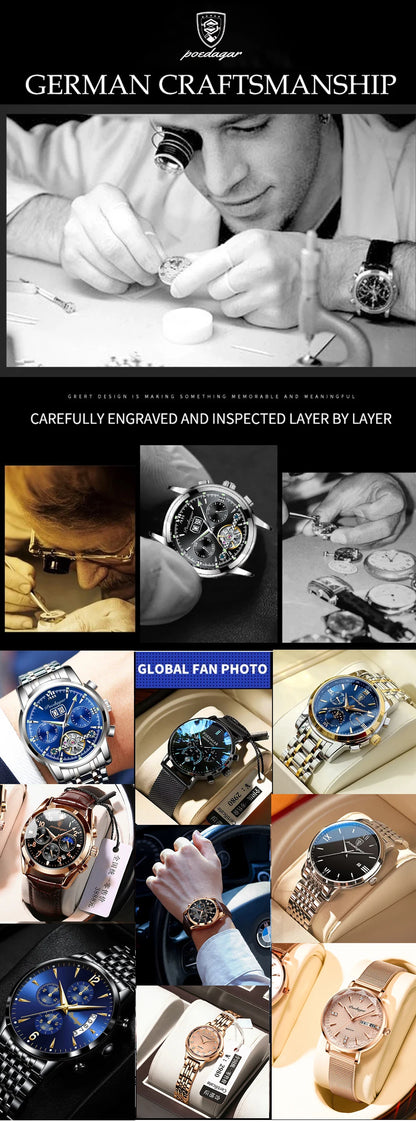 POEDAGAR Luxury Top Men Wristwatch Quartz Original Leather Men's Watches Date Chronograph Waterproof Luminous Man Watch Male+Box
