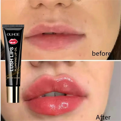 Lip plumper oil, instant volumizer, increases lip elasticity, long-lasting hydration, lip gloss, sexy beauty makeup.