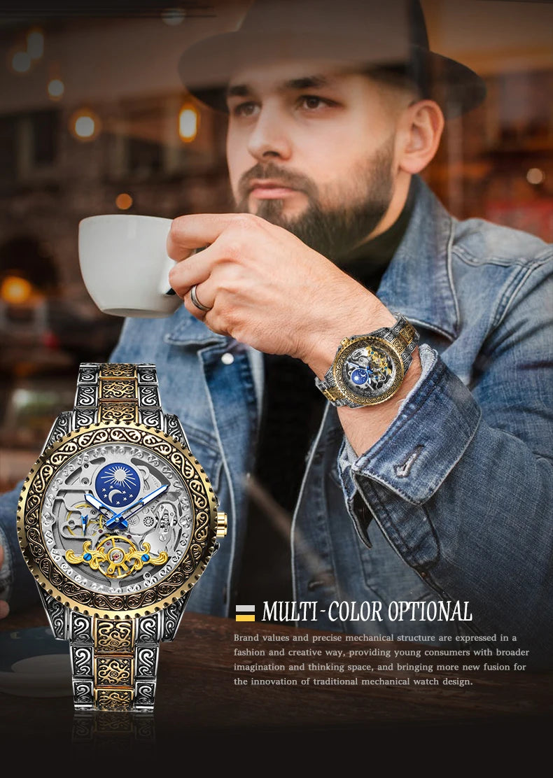 Forsining Luxury Transparent Skeleton Automatic Mechanical Wristwatch Stainless Steel Moonphase Watch Mens Clock reloj hombre
