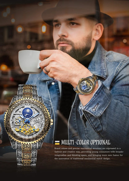 Forsining Luxury Transparent Skeleton Automatic Mechanical Wristwatch Stainless Steel Moonphase Watch Mens Clock reloj hombre