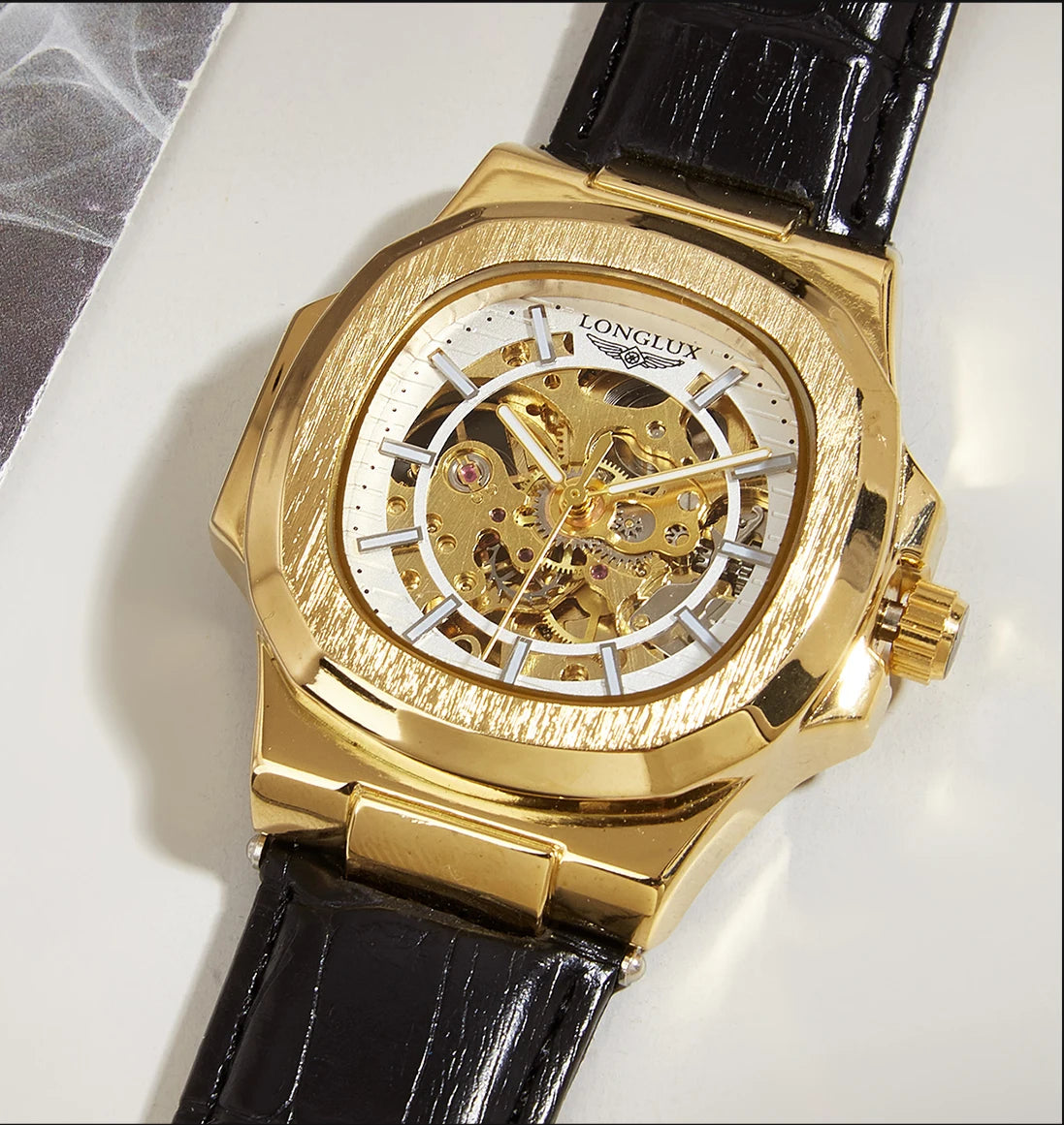 LONGLUX automatic mechanical watch outdoors simple luxury watches waterproof cheap wholesale skeleton leather mens watch gift