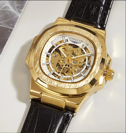 LONGLUX automatic mechanical watch outdoors simple luxury watches waterproof cheap wholesale skeleton leather mens watch gift