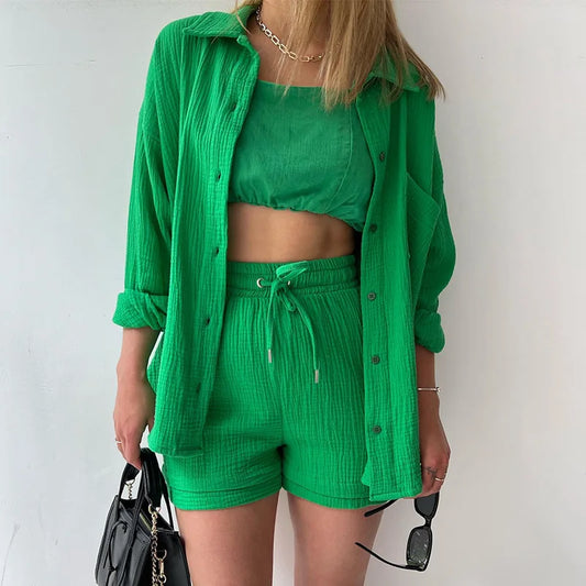 Solid Color Casual Loose Short Pants Sets For Women 2025 Elegant Summer Women's Two Pieces Suit Full Set Female Outfit Clothes
