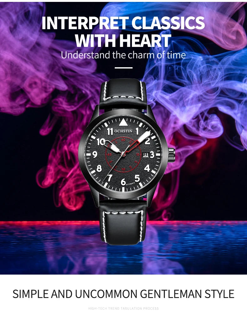 OCHSTIN Men Automatic Mechanical Movement Watch Leather Strap Nylon Male Clock Fashion Waterproof for Men Gift Wirstwatches