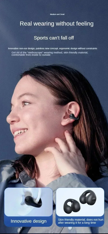 Bluetooth Earphone 5.3 Wireless Bone Conduction Headphones Clip Ear Music Noise Canceling HD Call Sports Gaming Earphone