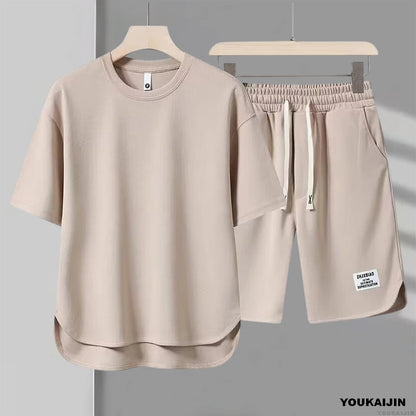 Men's New Waffle Summer Suit 2025 Korean Casual T-shirt + Shorts Suit Men's Tracksuit Solid Color Tracksuit Loose Suit