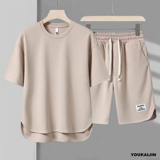 Men's New Waffle Summer Suit 2025 Korean Casual T-shirt + Shorts Suit Men's Tracksuit Solid Color Tracksuit Loose Suit