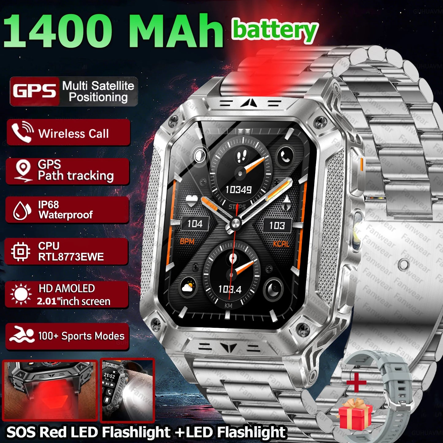 Robust military smart watch 1400Mah battery fitness tracking 10ATM waterproof tactical sports flashlight men's phone watch