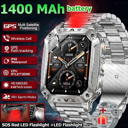 Robust military smart watch 1400Mah battery fitness tracking 10ATM waterproof tactical sports flashlight men's phone watch
