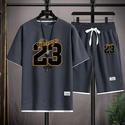 High Quality Men's Korea Comfortable and Summer  Fashion Print Sports Suit Fitness Jogging Daily Casual Wear Beach Shorts Set