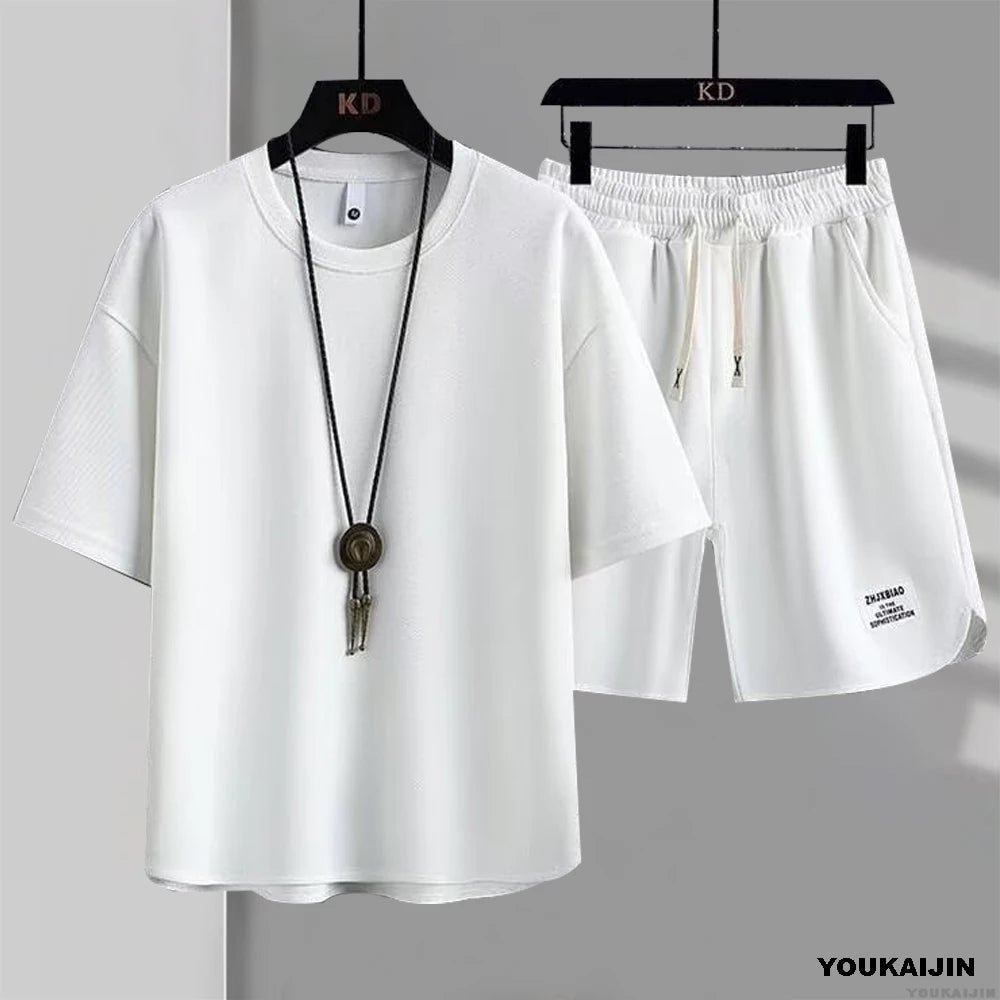 Men's New Waffle Summer Suit 2025 Korean Casual T-shirt + Shorts Suit Men's Tracksuit Solid Color Tracksuit Loose Suit