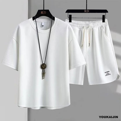 Men's New Waffle Summer Suit 2025 Korean Casual T-shirt + Shorts Suit Men's Tracksuit Solid Color Tracksuit Loose Suit