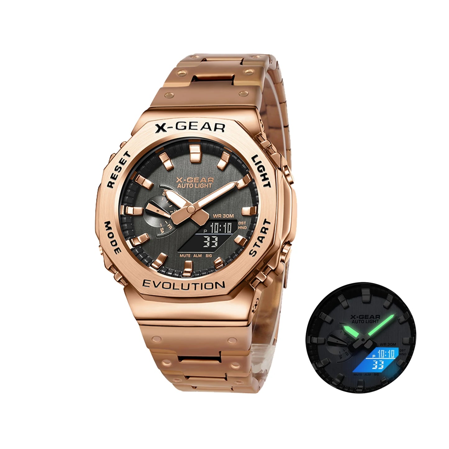 X-GEAR Digital Sports Electronic Unisex Watch Dual Display Full Function LED Alloy Large Time Steel Strap
