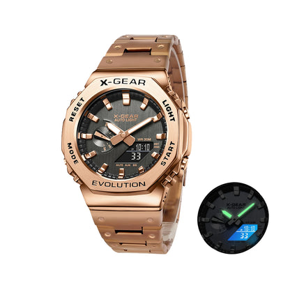X-GEAR Digital Sports Electronic Unisex Watch Dual Display Full Function LED Alloy Large Time Steel Strap