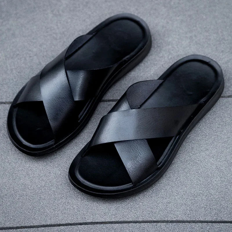 Men Shoes New  Summer Shoes Italian Leather Slippers Men High Quality Size 38-47 Beach Slip on Flats Man Flip Flops Mens Sandals