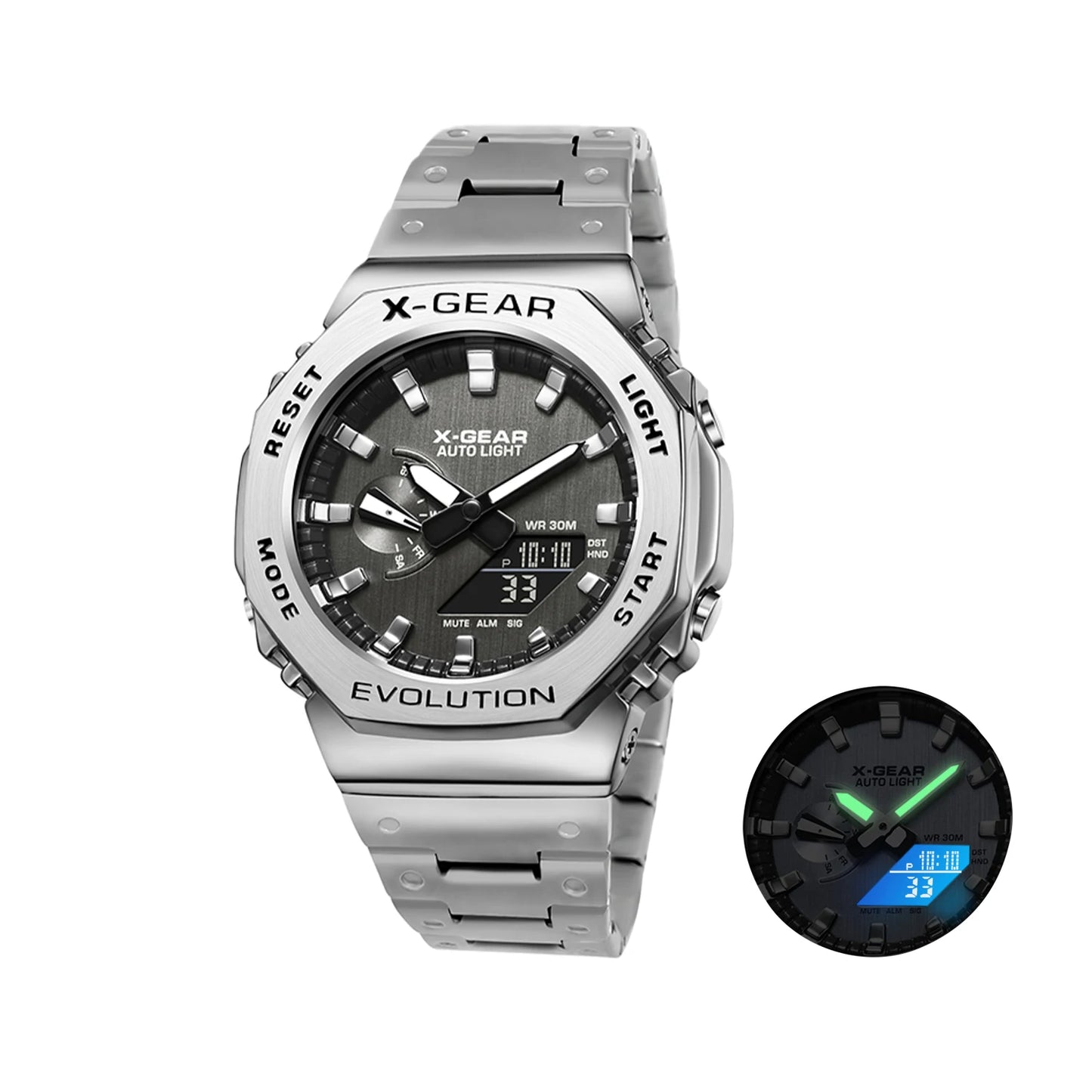 X-GEAR Digital Sports Electronic Unisex Watch Dual Display Full Function LED Alloy Large Time Steel Strap