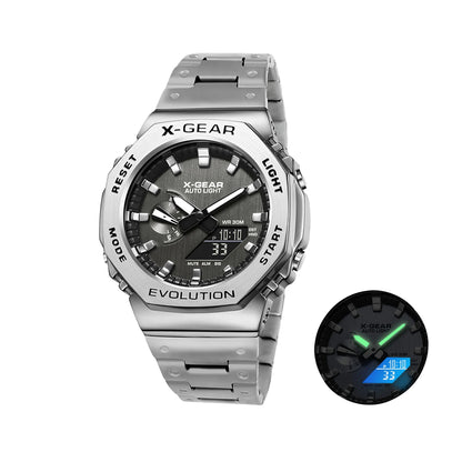 X-GEAR Digital Sports Electronic Unisex Watch Dual Display Full Function LED Alloy Large Time Steel Strap