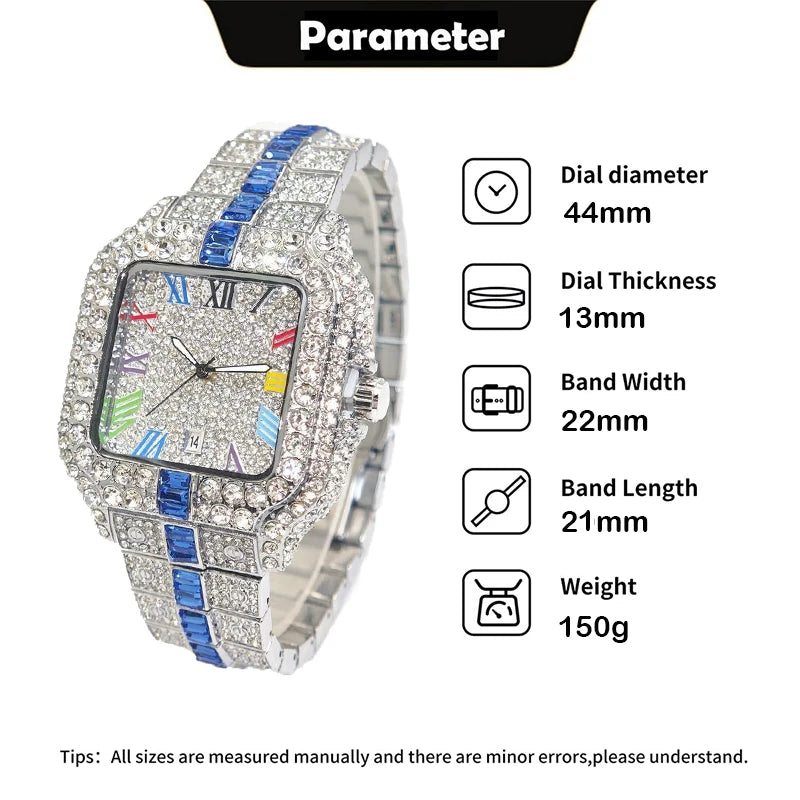 Hot Sale Blue Iced Watch For Man Fashion Colorful Roman Literal Quartz Watch Hip Hop Diamond Jewelry Square Wrist Watch Men Gift