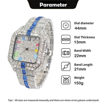 Hot Sale Blue Iced Watch For Man Fashion Colorful Roman Literal Quartz Watch Hip Hop Diamond Jewelry Square Wrist Watch Men Gift