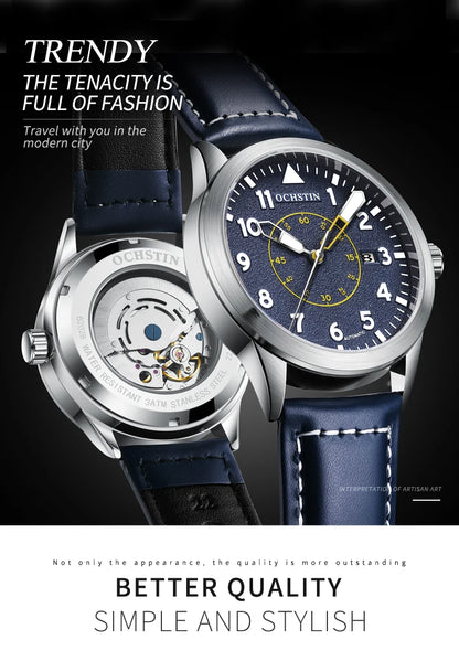 OCHSTIN Men Automatic Mechanical Movement Watch Leather Strap Nylon Male Clock Fashion Waterproof for Men Gift Wirstwatches