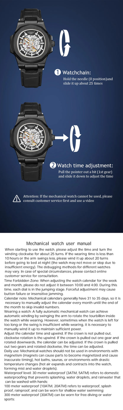 LONGLUX automatic mechanical watch outdoors simple luxury watches waterproof cheap wholesale skeleton leather mens watch gift