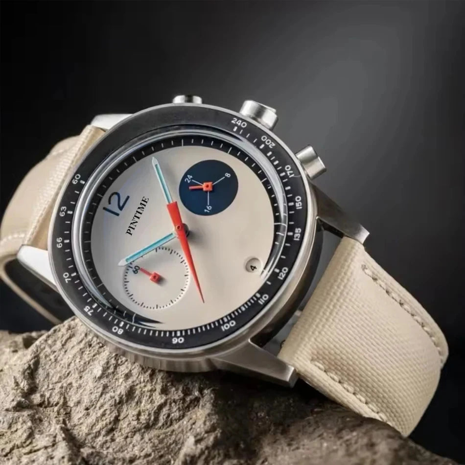 Round Sports Watch for Men Stopwatch Light Luxury Retro Leather Watch Strap Advanced Genuine Quartz Watch Waterproof Men's Watch