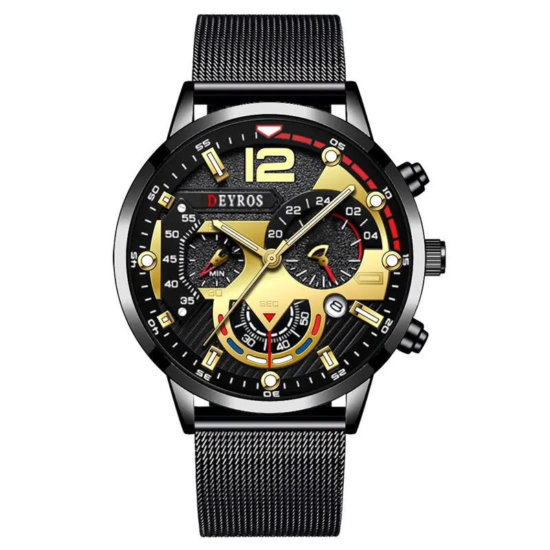 2023 Fashion Mens Business Watches Luxury Stainless Steel Mesh Belt Quartz Wrist Watch Luminous Clock Men Casual Calendar Watch
