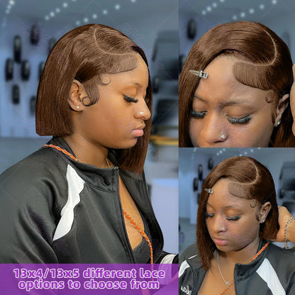 Brazilian 200 Density Short Bob 13x4 HD Transparent Lace Front Human Hair Wig Chocolate Brown Straight 13x5 Lace Frontal Wigs