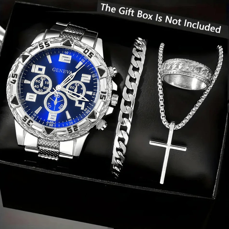 Classic Business Men's Watch Set, Quartz Round Dial Stainless Steel Strap Men's Watches, Ideal Gift Choice