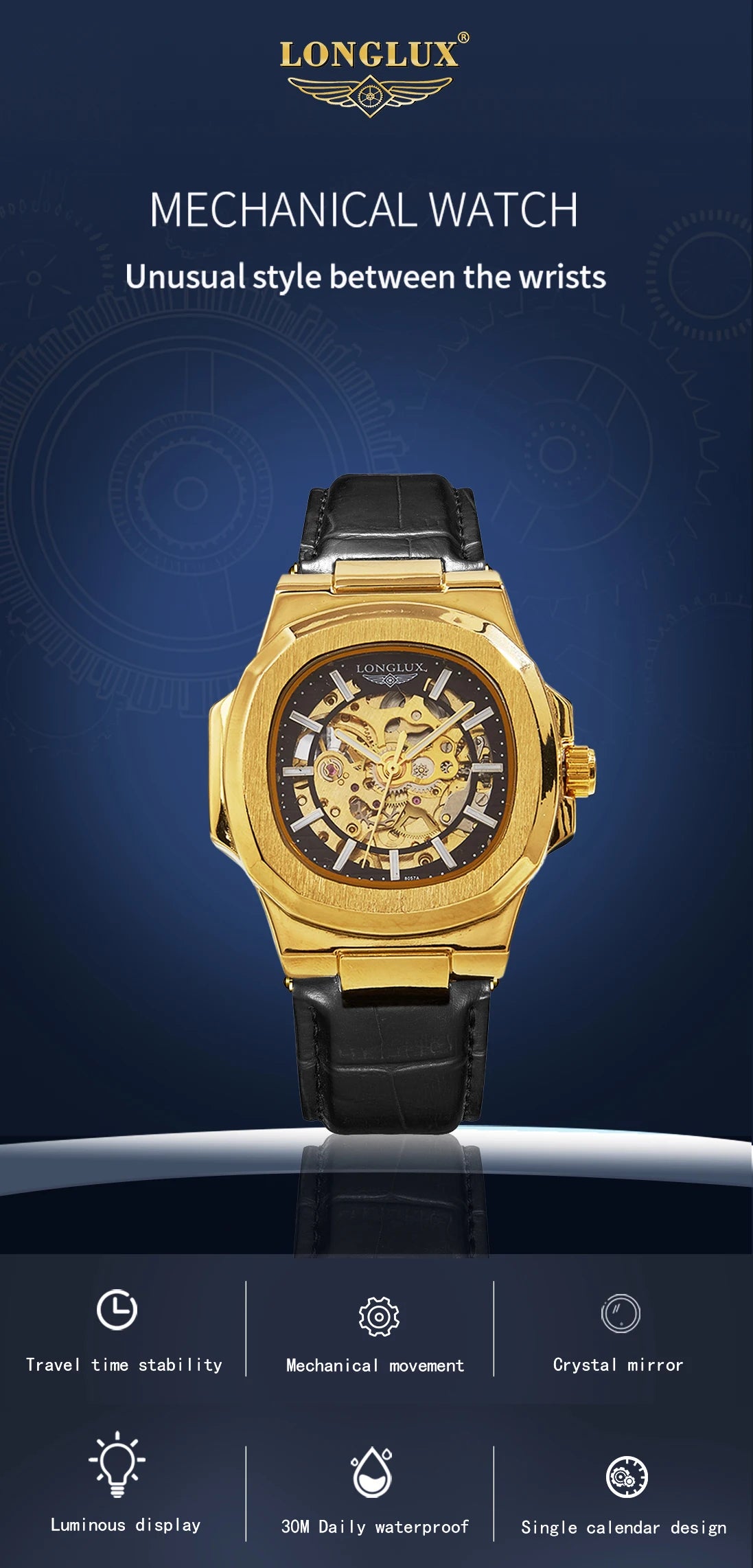 LONGLUX automatic mechanical watch outdoors simple luxury watches waterproof cheap wholesale skeleton leather mens watch gift