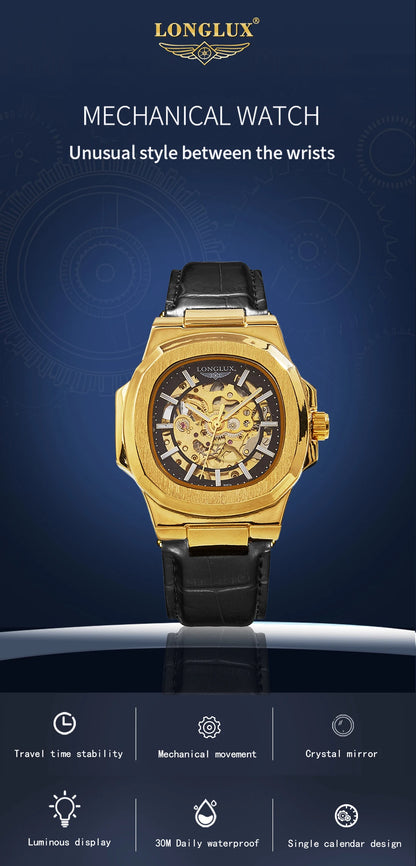 LONGLUX automatic mechanical watch outdoors simple luxury watches waterproof cheap wholesale skeleton leather mens watch gift